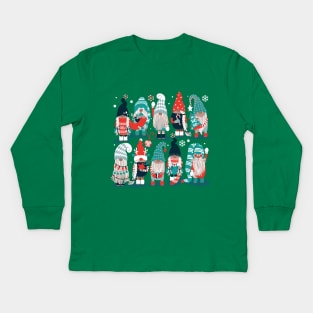 Let it gnome // spot // dark teal background little Santa's helpers preparing for Christmas neon red mint dark green and duck egg blue dressed gnomes Kids Long Sleeve T-Shirt